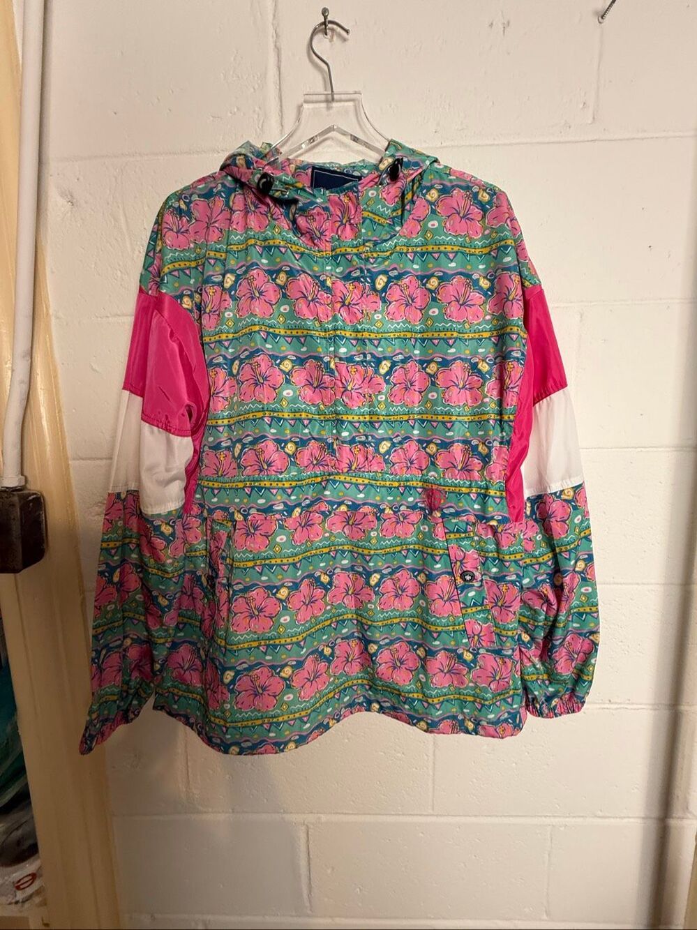 Simply Southern Women’s XXL Hibiscus Floral Rain Jacket Teal Pink NWT